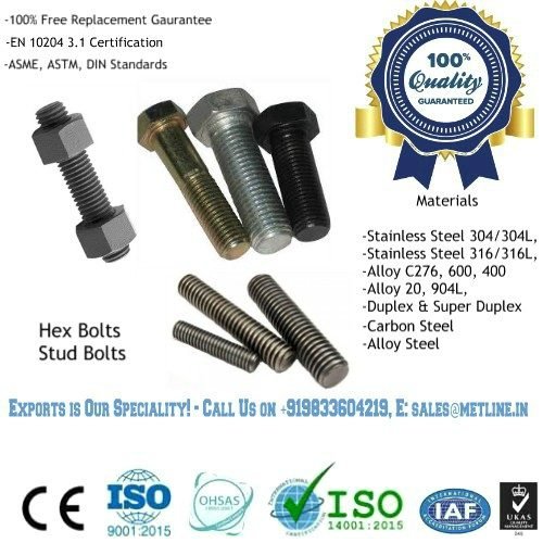 Hex Bolts & Stud Bolts Manufacturers, Suppliers, Factory in India