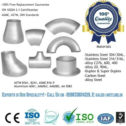 Aluminium Pipe Fittings - Elbow, Tee, Reducer, End Cap, Stub Ends, Dish Ends